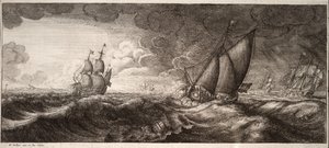 嵐の中のヨットと3つの軍艦。状態1 作： Wenceslaus Hollar